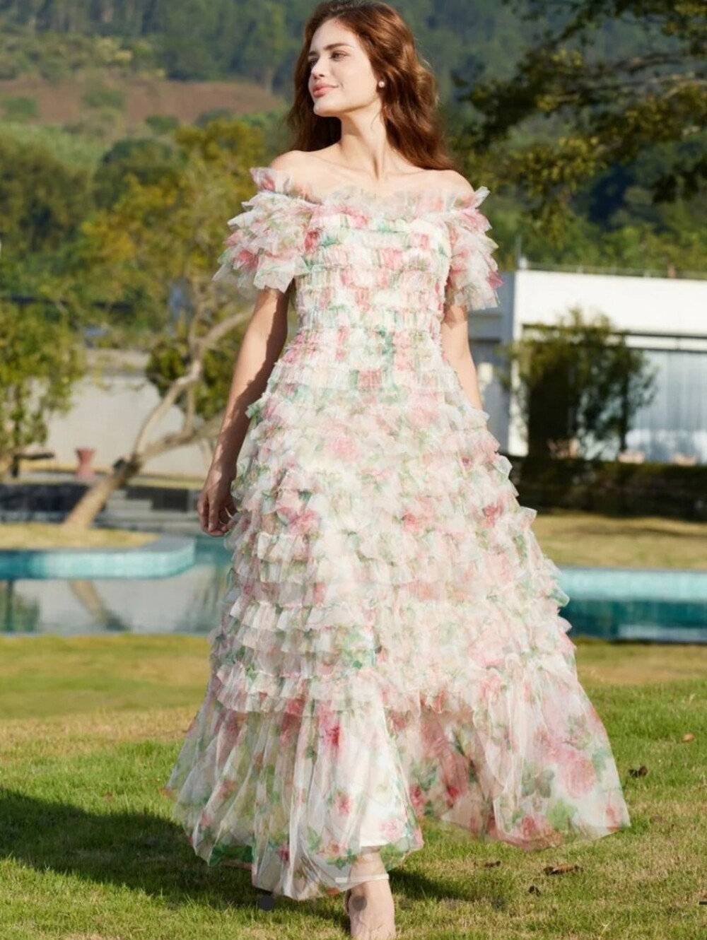 Nwt Catchall Off Shoulder  Garden Pink Floral Tulle Ruffle Tiers Maxidress